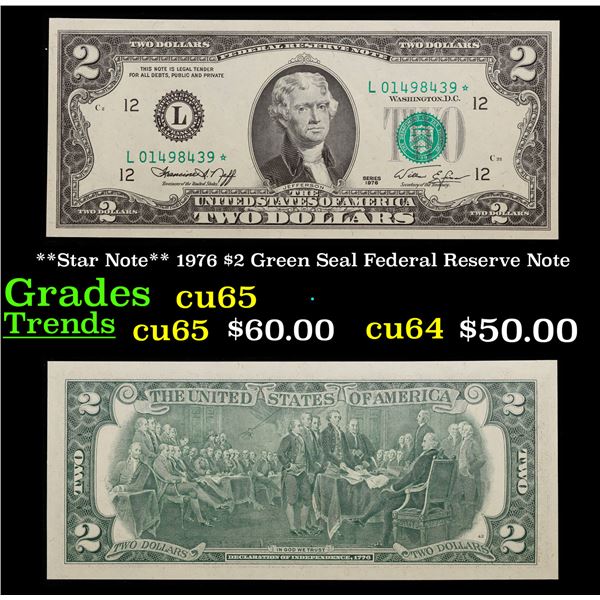 **Star Note** 1976 $2 Green Seal Federal Reserve Note Grades Gem CU