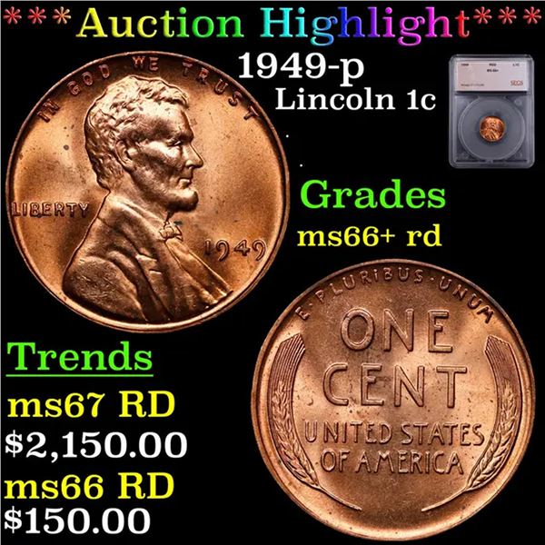 ***Auction Highlight*** 1949-p Lincoln Cent 1c Graded ms66+ rd By SEGS (fc)