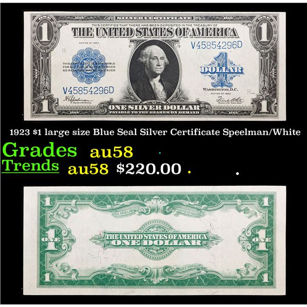 1923 $1 large size Blue Seal Silver Certificate Grades Choice AU/BU Slider Signatures Speelman/White