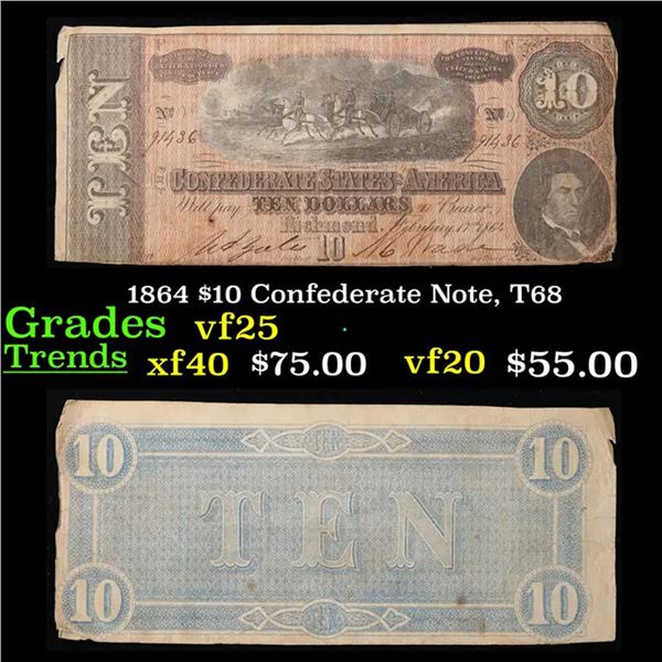 1864 $10 Confederate Note, T68 Grades vf+