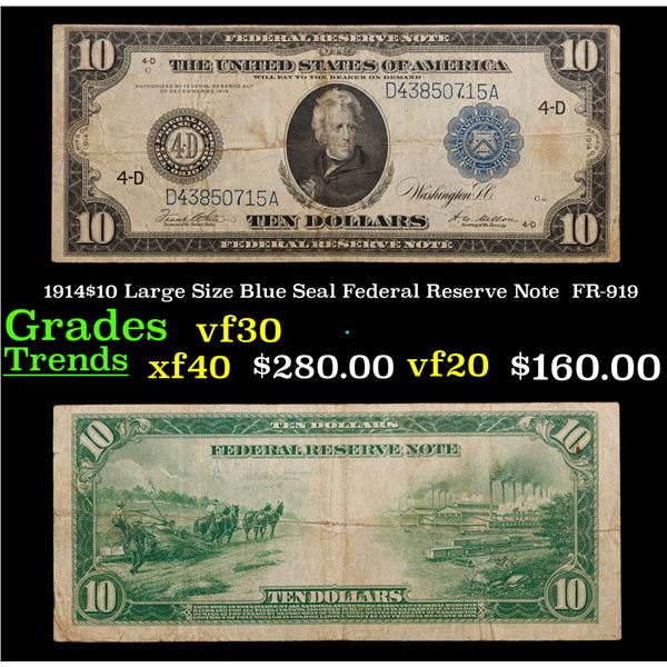 1914 $10 Large Size Blue Seal Federal Reserve Note Cleveland, OH Grades vf++ FR-919