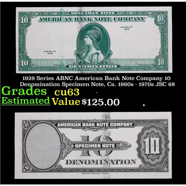 1929 Series ABNC American Bank Note Company 10 Denomination Specimen Note, Ca. 1960s - 1970s JSC 68 