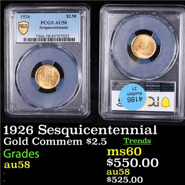 PCGS 1926 Sesquicentennial  Gold Commem $2 1/2 Graded au58 BY PCGS