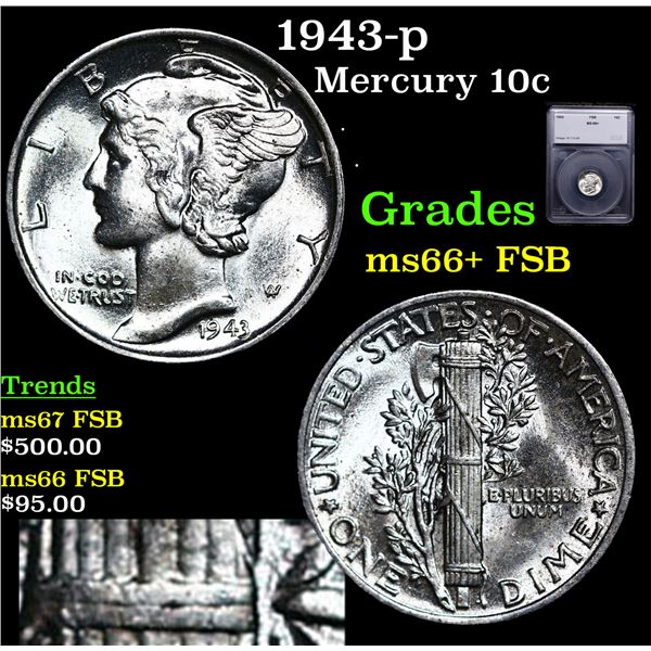 1943-p Mercury Dime 10c Graded ms66+ FSB BY SEGS