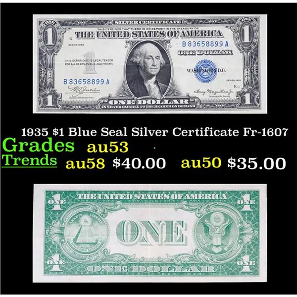 1935 $1 Blue Seal Silver Certificate Fr-1607 Grades Select AU