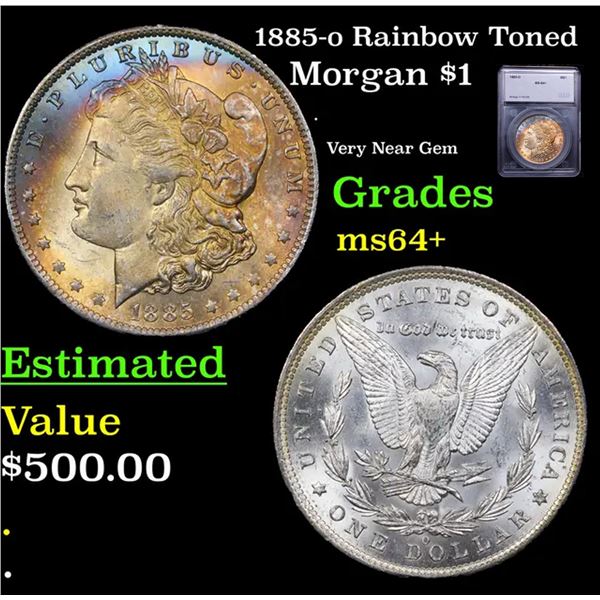 1885-o Morgan Dollar Rainbow Toned $1 Graded ms64+ By SEGS