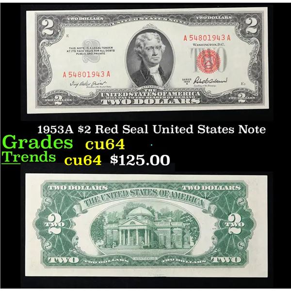 1953A $2 Red Seal United States Note Grades Choice CU