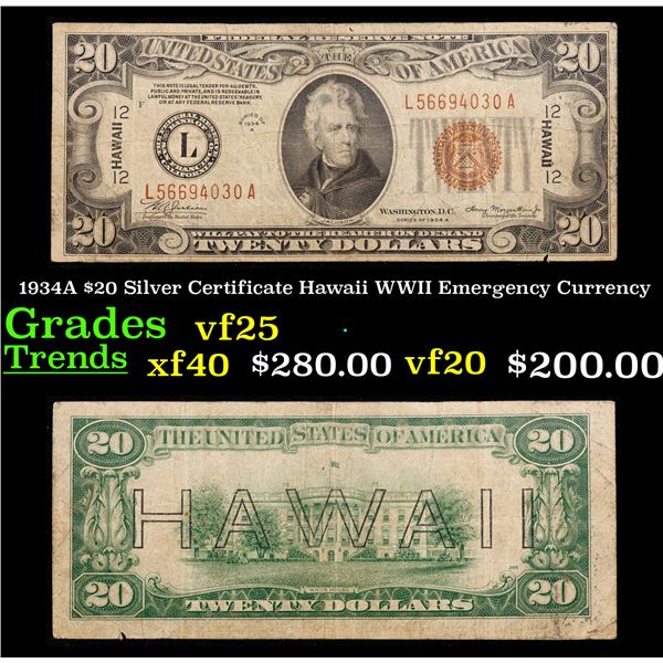 1934A $20 Silver Certificate Hawaii WWII Emergency Currency Grades vf+