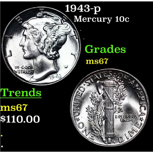 1943-p Mercury Dime 10c Grades GEM++ Unc