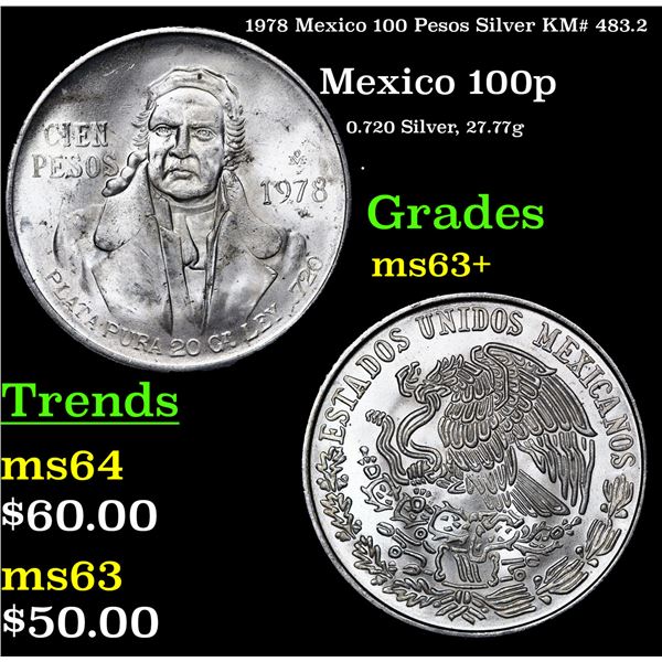 1978 Mexico 100 Pesos Silver KM# 483.2 Grades Select+ Unc