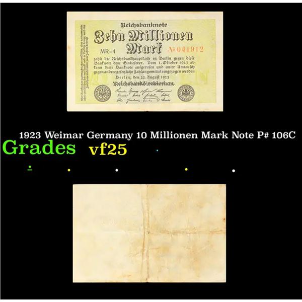 1923 Weimar Germany 10 Millionen Mark Note P# 106C Grades vf+