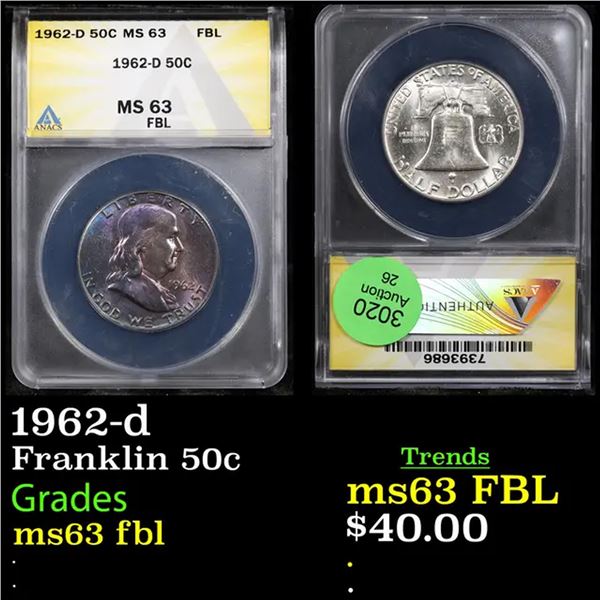 ANACS 1962-d Franklin Half Dollar 50c Graded ms63 fbl By ANACS