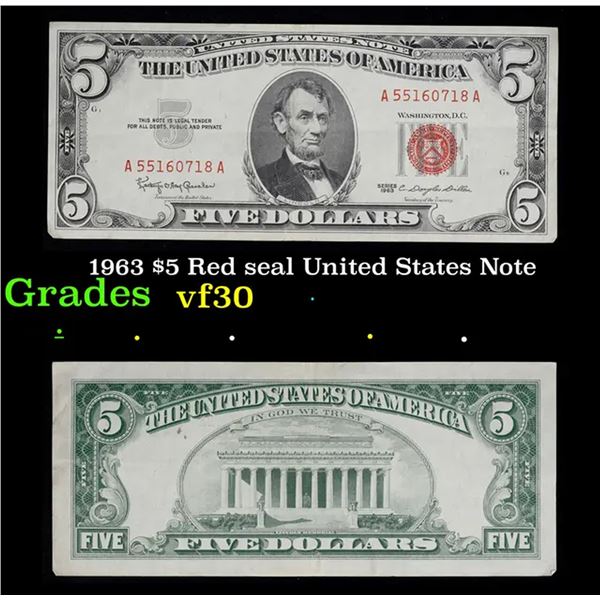 1963 $5 Red seal United States Note Grades vf++