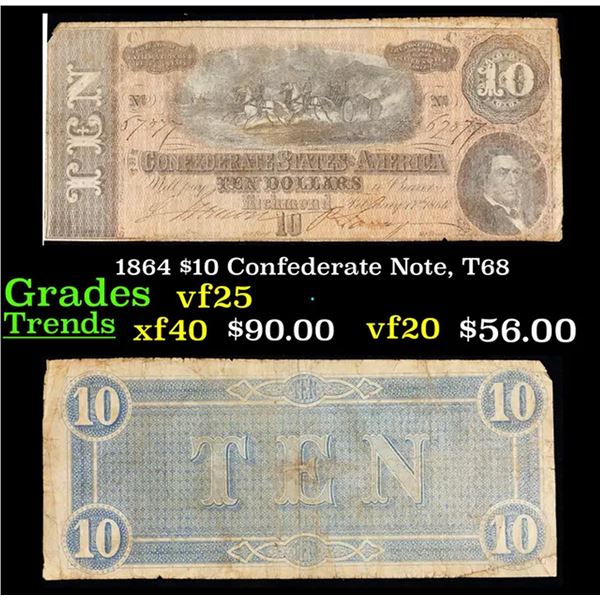 1864 $10 Confederate Note, T68 Grades vf+