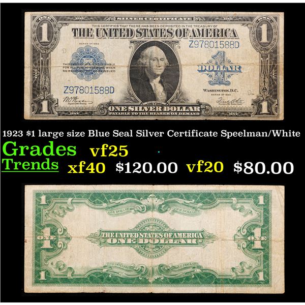 1923 $1 large size Blue Seal Silver Certificate Grades vf+ Signatures Speelman/White