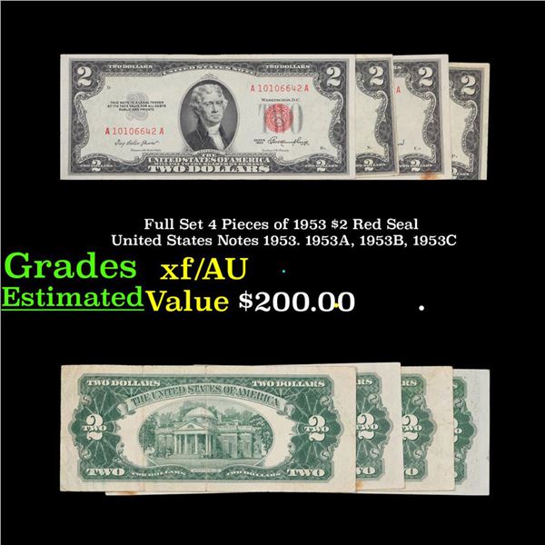 Full Set 4 Pieces of 1953 $2 Red Seal United States Notes 1953. 1953A, 1953B, 1953C Grades xf/AU