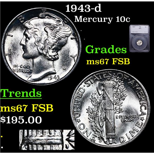 1943-d Mercury Dime 10c Graded ms67 FSB BY SEGS