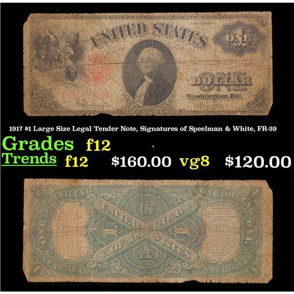 1917 $1 Large Size Legal Tender Note, Signatures of Speelman & White, FR-39  Grades f, fine