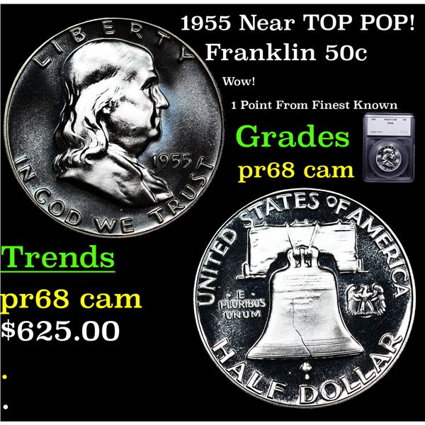 Proof 1955 Franklin Half Dollar Near TOP POP! 50c Graded pr68 cam BY SEGS