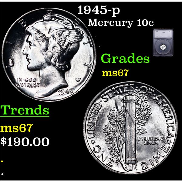 1945-p Mercury Dime 10c Graded ms67 BY SEGS