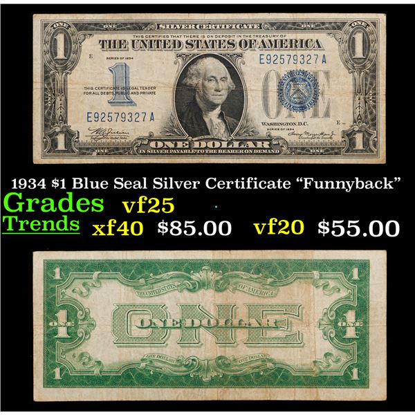 1934 "Funnyback" $1 Blue Seal Silver Certificate Grades vf+