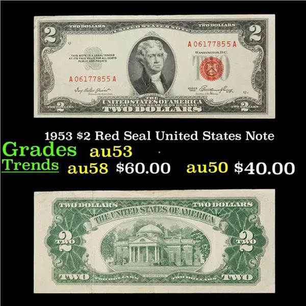 1953 $2 Red Seal United States Note Grades Select AU