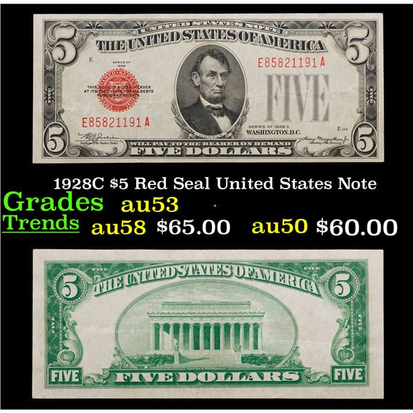 1928C $5 Red Seal United States Note Grades Select AU