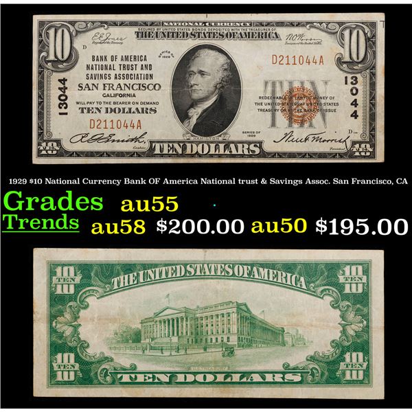 1929 $10 National Currency Bank OF America National trust & Savings Assoc. San Francisco, CA Grades 