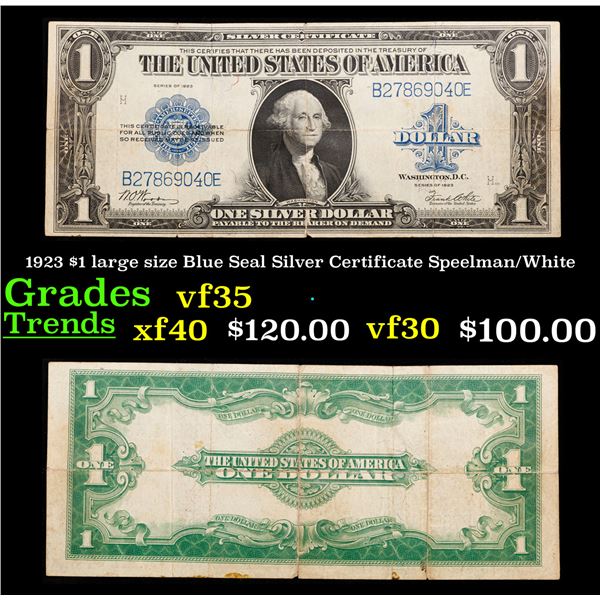 1923 $1 large size Blue Seal Silver Certificate Grades vf++ Signatures Speelman/White