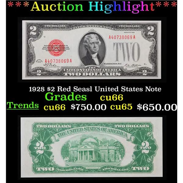 ***Auction Highlight*** 1928 $2 Red Seasl United States Note Grades Gem+ CU (fc)