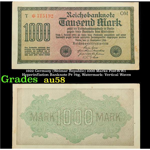 1922 Germany (Weimar Republic) 1000 Marks Post-WWI Hyperinflation Banknote P# 76g, Watermark: Vertic