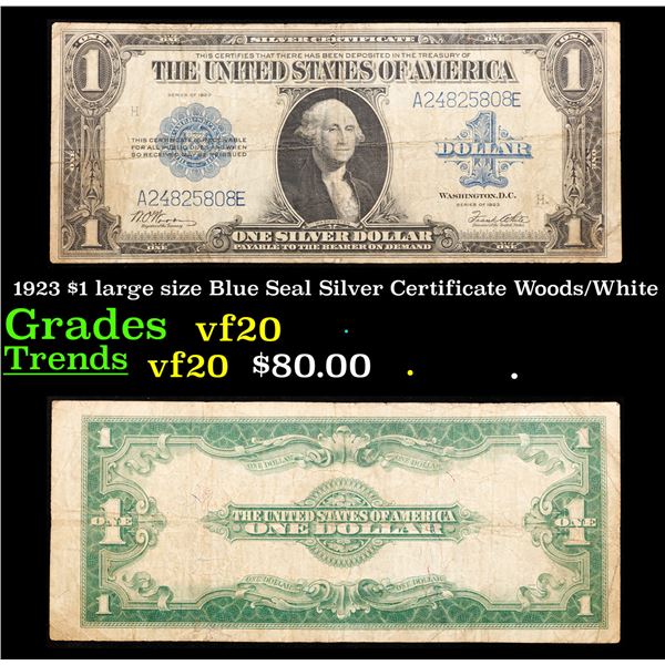 1923 $1 large size Blue Seal Silver Certificate Grades vf, very fine Signatures Woods/White