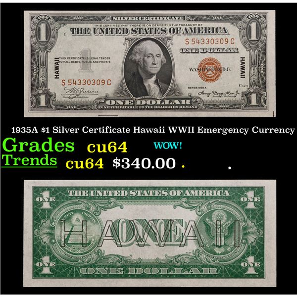 1935A $1 Silver Certificate Hawaii WWII Emergency Currency Grades Choice CU