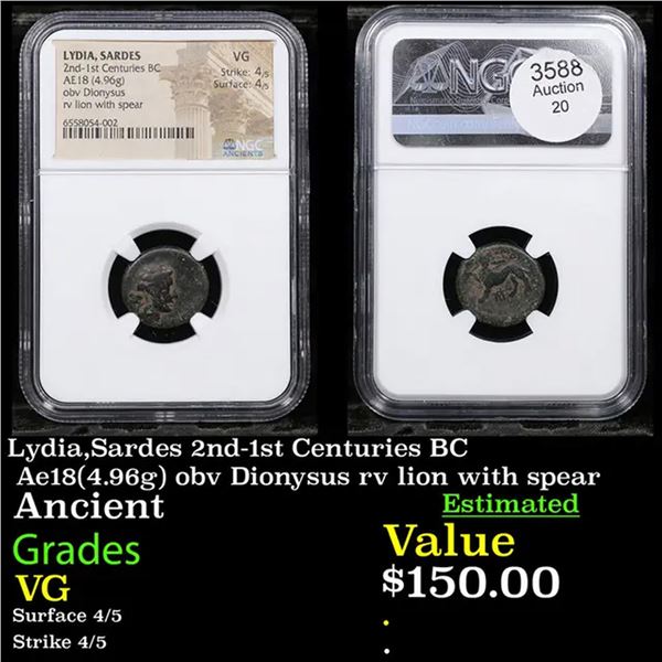 NGC Lydia,Sardes 2nd-1st Centuries BC Ae18(4.96g) obv Dionysus rv lion with spear Graded VG By NGC