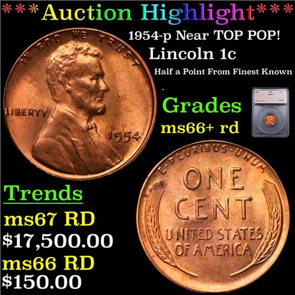 ***Auction Highlight*** 1954-p Lincoln Cent Near TOP POP! 1c Graded ms66+ rd BY SEGS (fc)