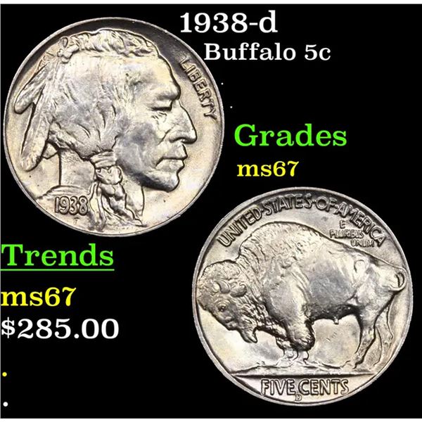 1938-d Buffalo Nickel 5c Grades GEM++ Unc