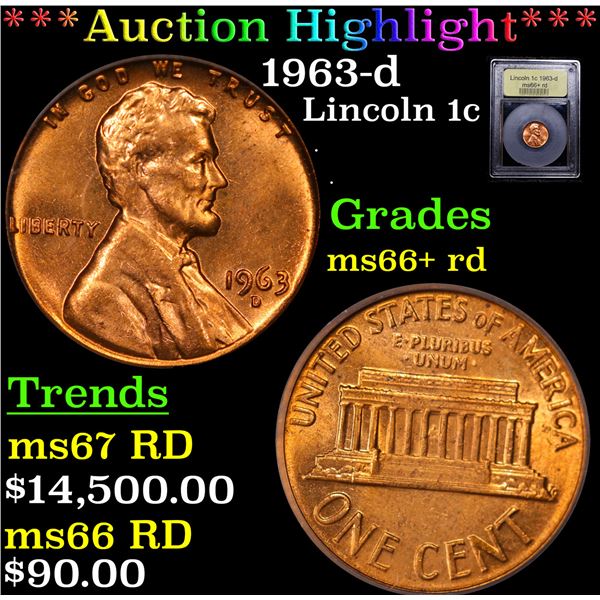 ***Auction Highlight*** 1963-d Lincoln Cent 1c Graded GEM++ RD By USCG (fc)