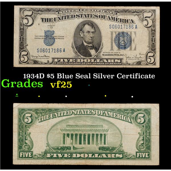 1934D $5 Blue Seal Silver Certificate Grades vf+