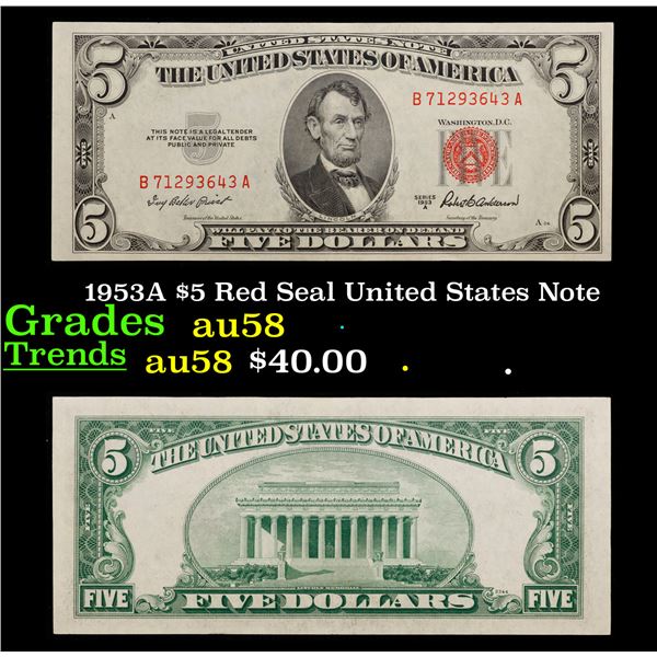 1953A $5 Red Seal United States Note Grades Choice AU/BU Slider