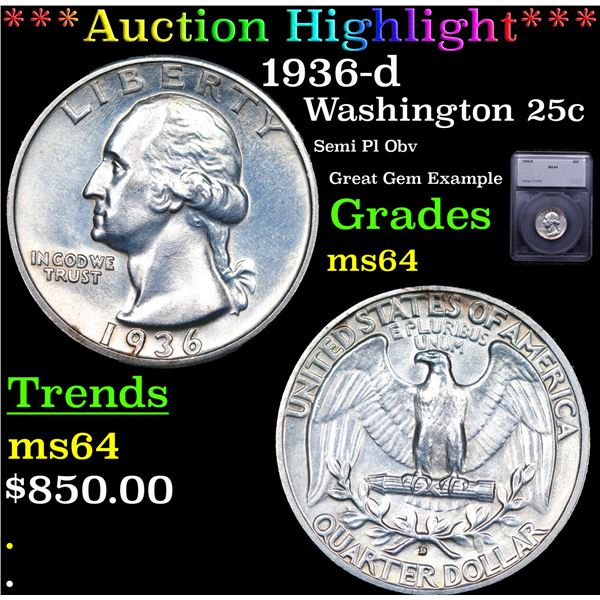 ***Auction Highlight*** 1936-d Washington Quarter 25c Graded ms65 By SEGS (fc)