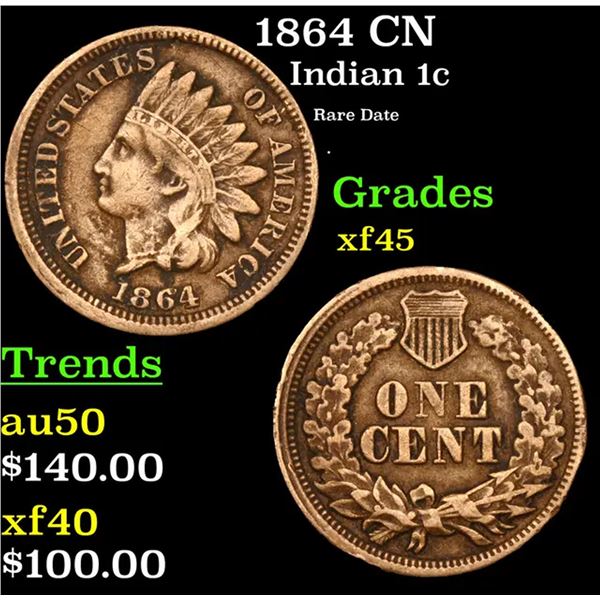 1864 CN Indian Cent 1c Grades xf+