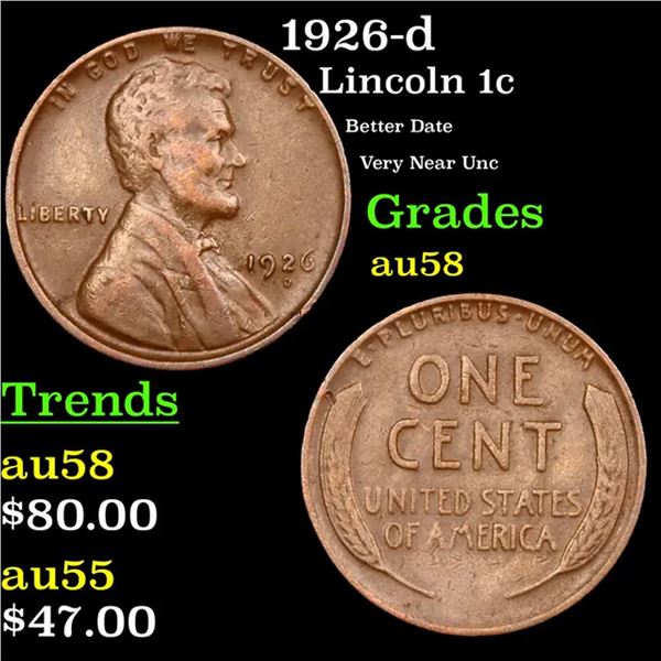 1926-d Lincoln Cent 1c Grades Choice AU/BU Slider