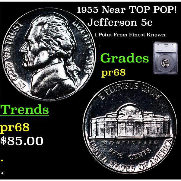 Proof 1955 Jefferson Nickel Near TOP POP! 5c Graded pr68 BY SEGS