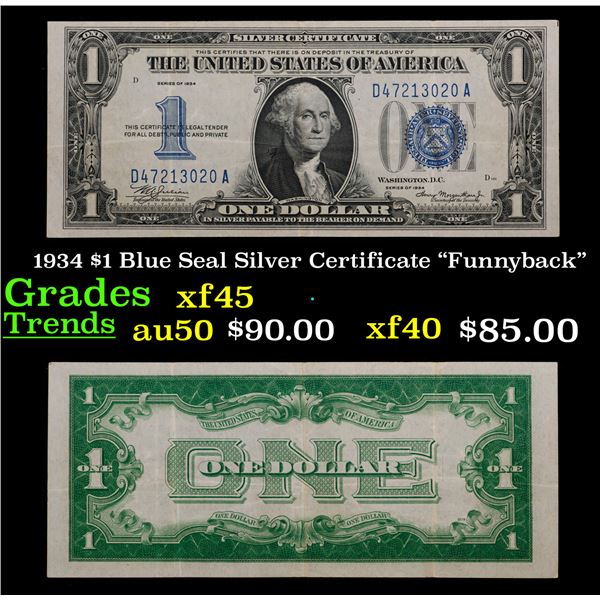1934 "Funnyback" $1 Blue Seal Silver Certificate Grades xf+