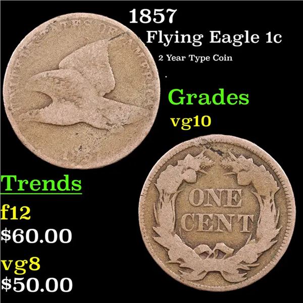 1857 Flying Eagle Cent 1c Grades vg+