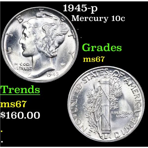 1945-p Mercury Dime 10c Grades GEM++ Unc