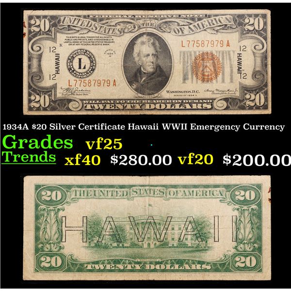 1934A $20 Silver Certificate Hawaii WWII Emergency Currency Grades vf+