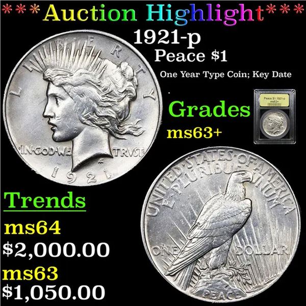 ***Auction Highlight*** 1921-p Peace Dollar $1 Grades Select+ Unc By USCG (fc)