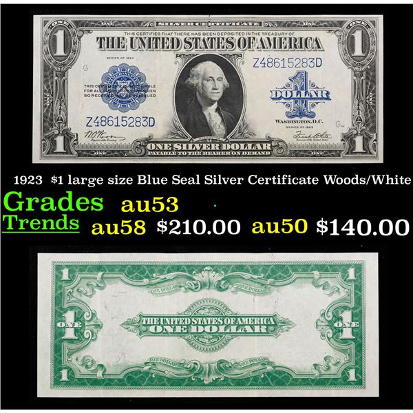 1923 $1 large size Blue Seal Silver Certificate Grades Select AU Signatures Woods/White