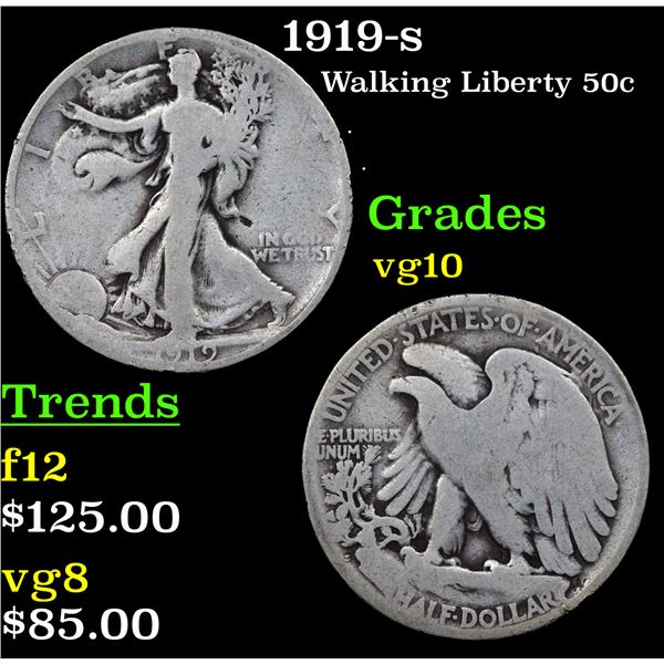 1919-s Walking Liberty Half Dollar 50c Grades vg+